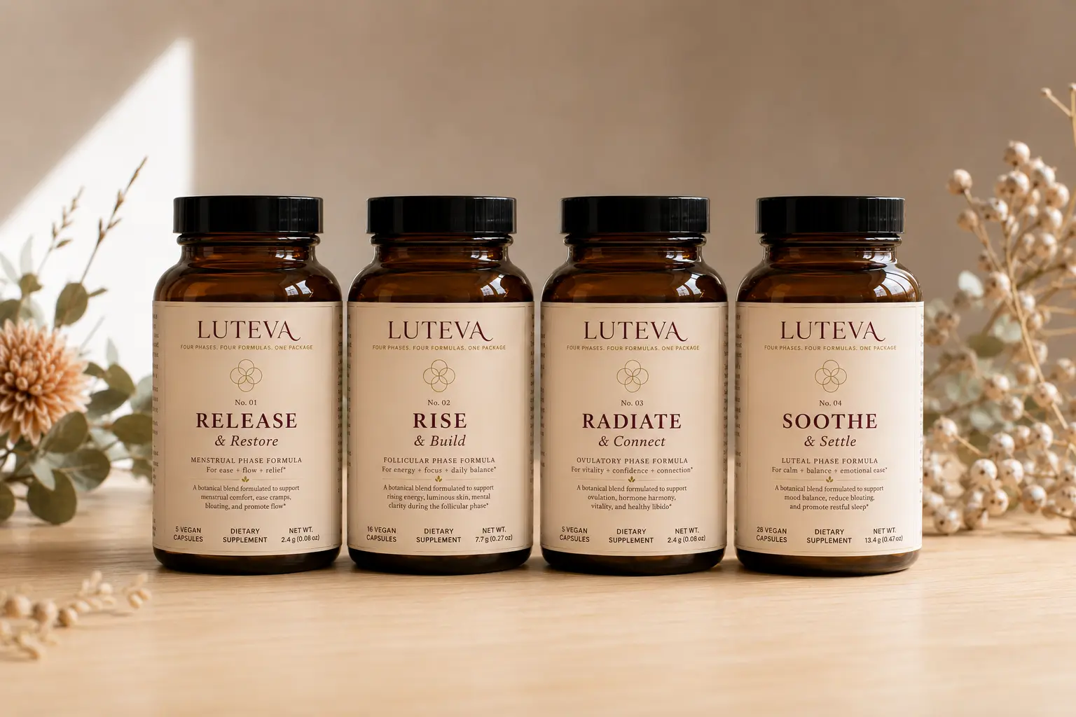 Four LUTEVA supplement bottles with floral background — No. 01 Release & Restore (Menstrual Phase), No. 02 Rise & Build (Follicular Phase), No. 03 Radiate & Connect (Ovulatory Phase), No. 04 Soothe & Settle (Luteal Phase)